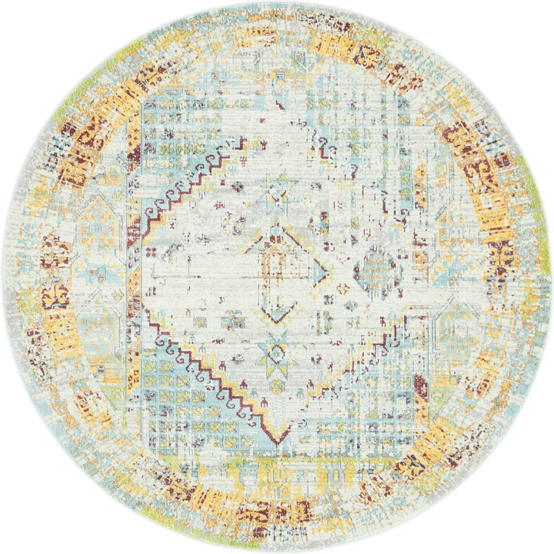 Tapis à motif oriental bleu clair Folmar, Rond 5 pi 5 po