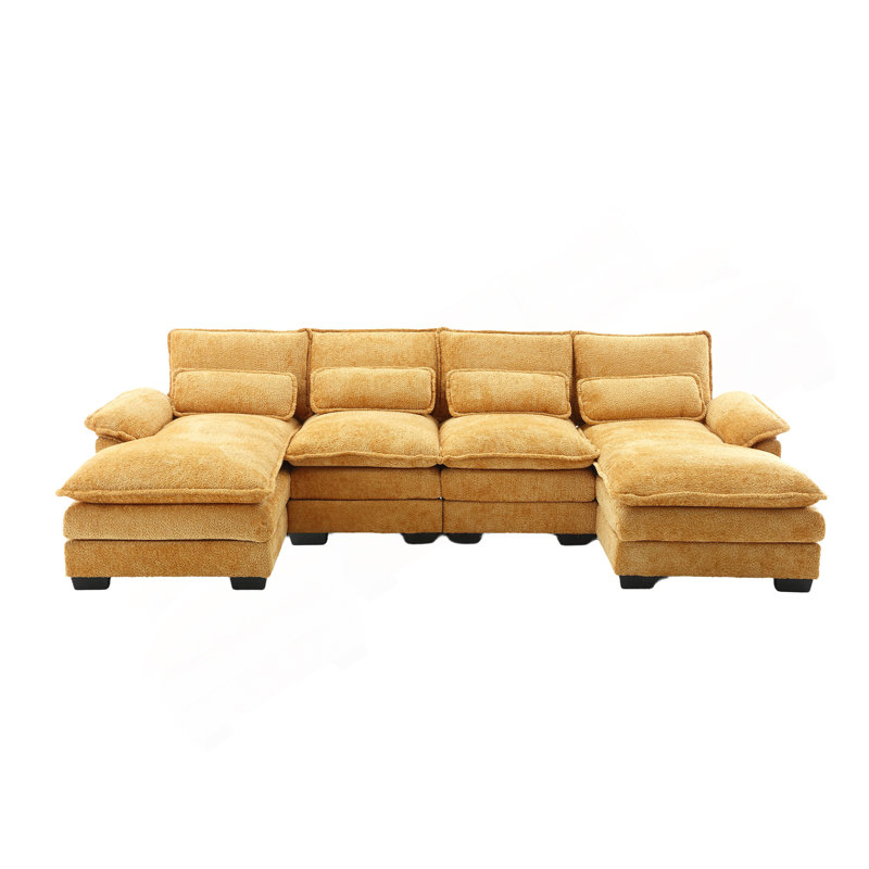 Modern Large Chenille Fabric U-Shape Sectional Sofa, Mustard Yellow Boucle