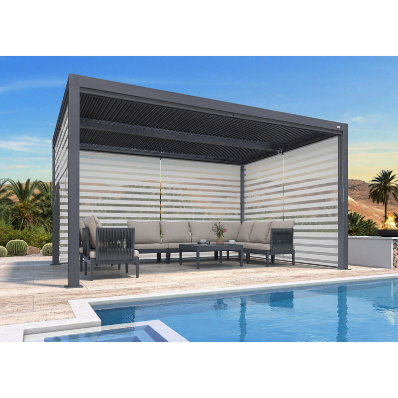 Aluminum Pergola with Roller Shade, 1 Long Side and 2 Short Side, Gray, 14' x 10'
