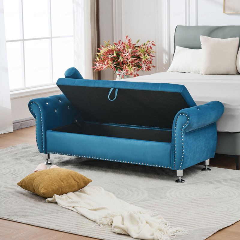 Banc de rangement en velours doux avec boutons en cristal et 1 coussin, pour chambre et salon, Blue