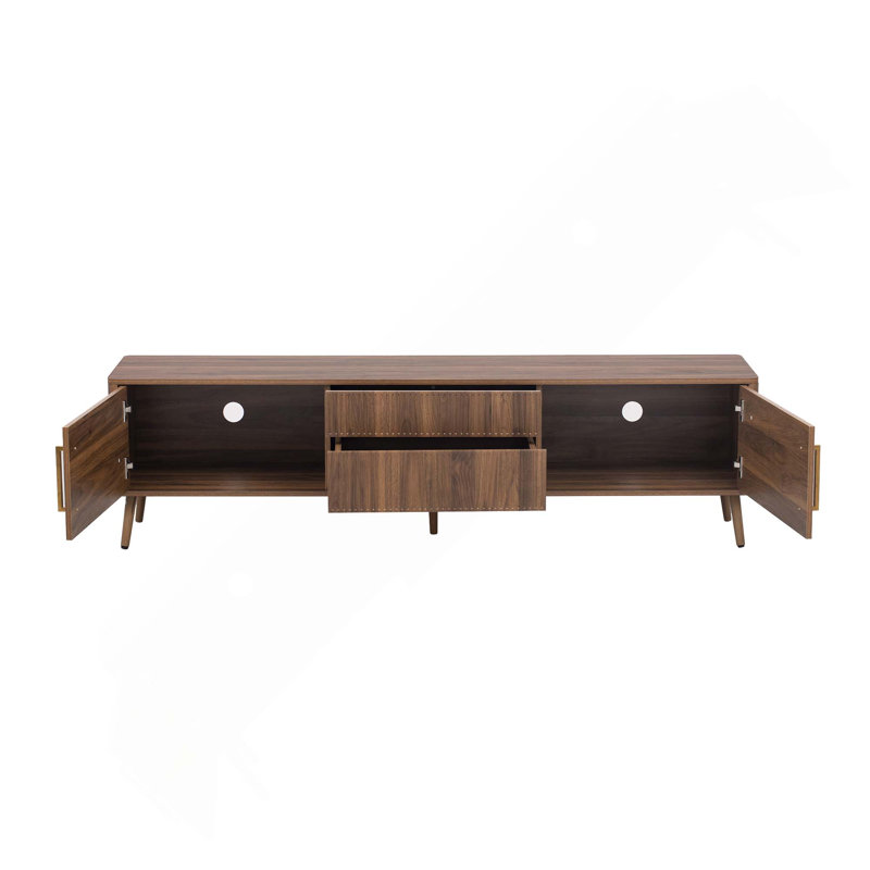 Meuble télé Mid-Century avec 2 tiroirs pour téléviseur de 80 po ou moins, Walnut