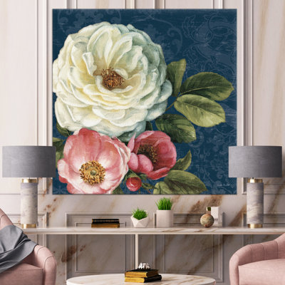 «White and Pink Damask Rose Flowers», reproduction d'art sur toile tendue