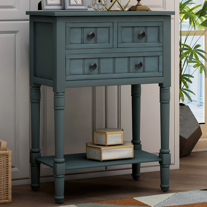 Narrow Console Table, Slim Sofa Table with Three Storage Drawers and Bottom Shelf, Navy Blue