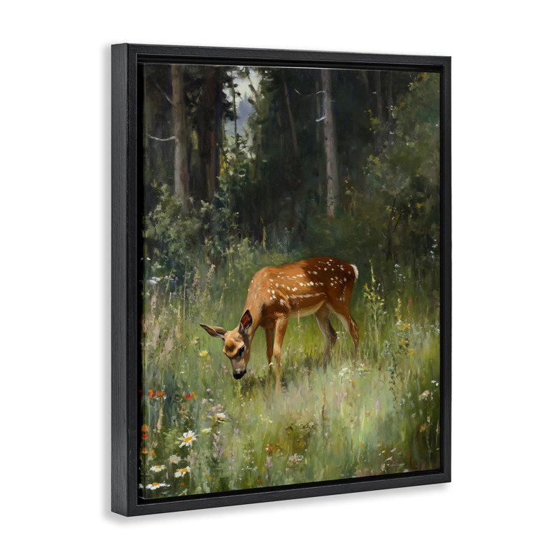 «Grazing Deer at Forest Glen», conception de Franklyn Gregory, Cadre flottant noir de jais, H 21 po x l 17 po