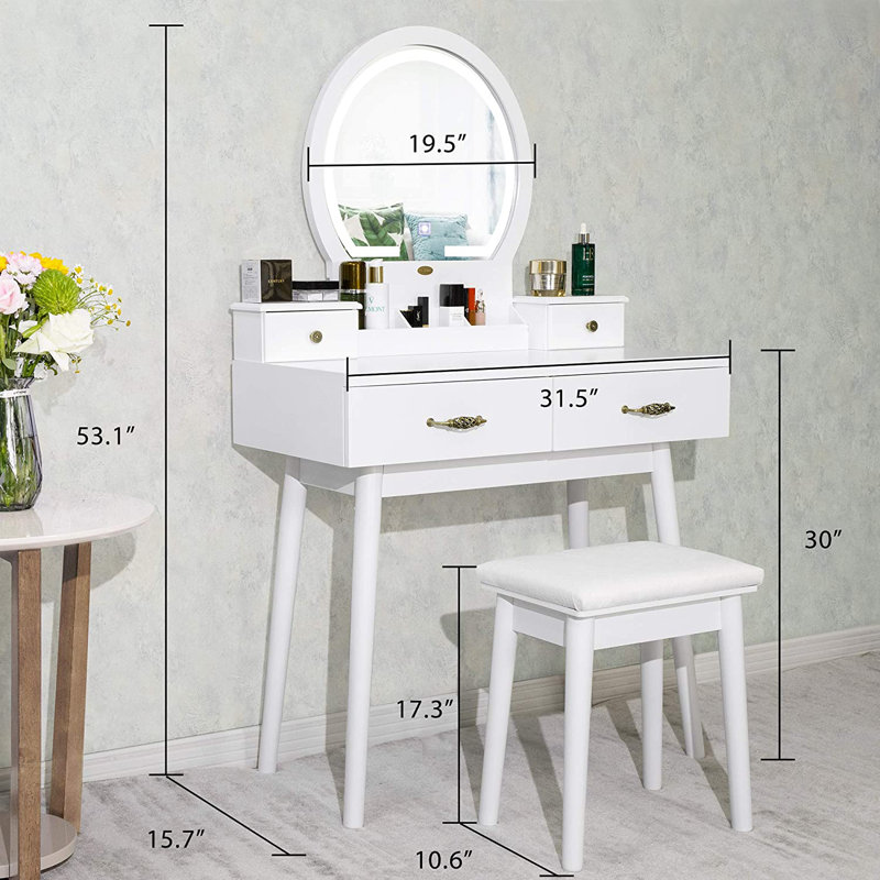 Gaisa White Vanity Set with Lighted Mirror, Makeup Dressing Table and Padded Stool, White