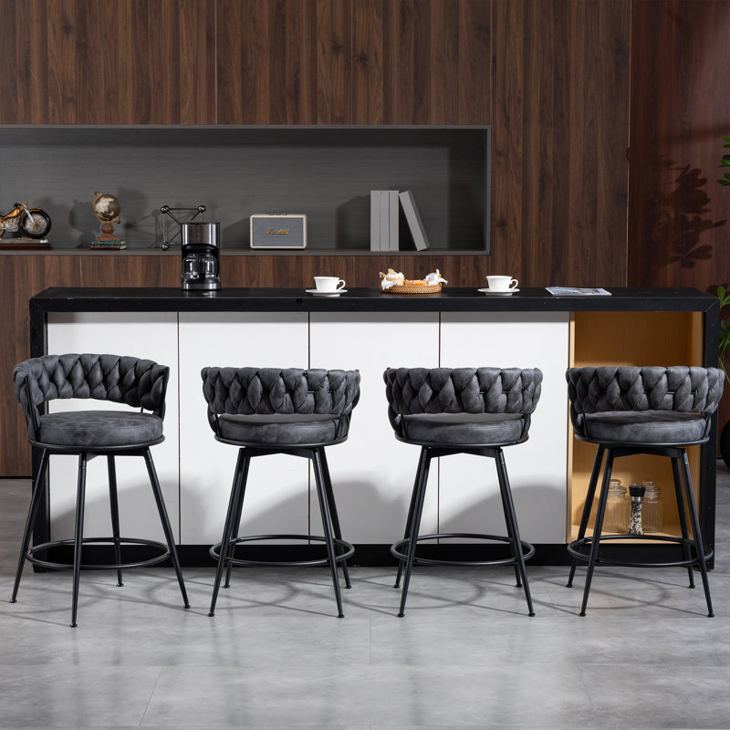24" Counter Height Bar Stools Set of 4 - 360° Swivel with Suede Fabric & Modern Woven Design, Backrest & Footrest for Kitchen Cafe Pub