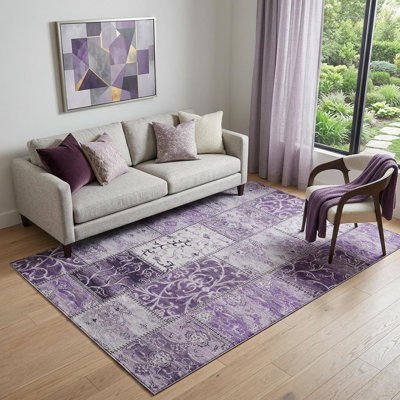 Tapis lavable mauve et ivoire 5 pi x 8 pi avec protection UV
