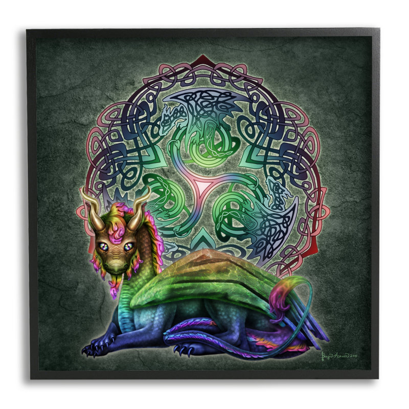 Dragon sur motif celtique, impression sur bois, H 24 po x l 24 po x P 1,5 po, Giclée encadrée noir minuit