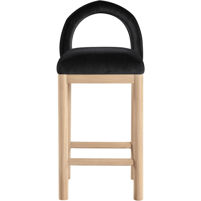 Tabouret de comptoir Conrad, Siège en velours noir / structure naturelle
