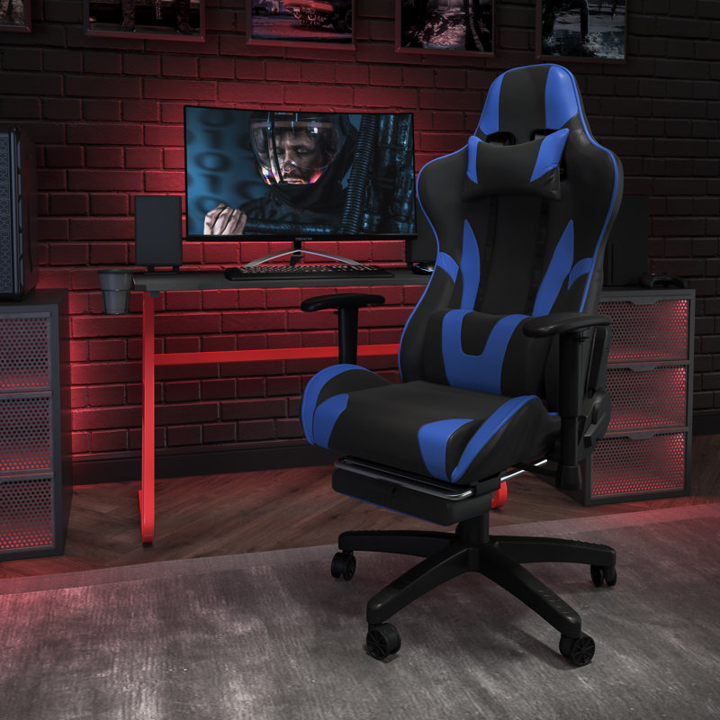Fauteuil de jeu d'ordinateur ergonomique LeatherSoft avec dossier entièrement inclinable et repose-pieds coulissant, Bleu