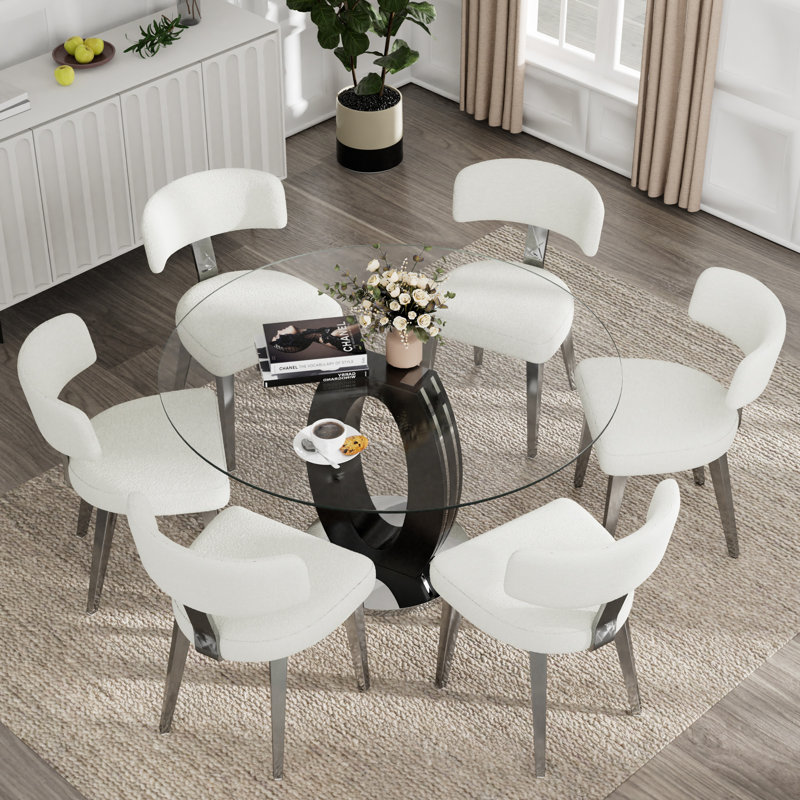 Pedestal Dining Set, 47'' Round Dining Table and Teddy Dining Chairs, 7, Silver/White, Black