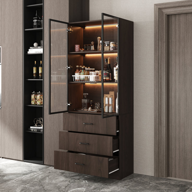 Modern Aluminum Frame Bookcase With Tempered Glass Doors, 3-Color LED Lighting, And Storage Drawers