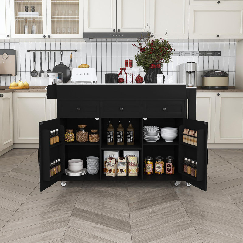 74.8" Kitchen Island With Extendable Dining Table, Marble Veneer Top & Built-In Power Outlet - Mobile Storage Cart With 3 Drawers & Cabinet, Rolling Kitchen Cart For Dining Room, Black