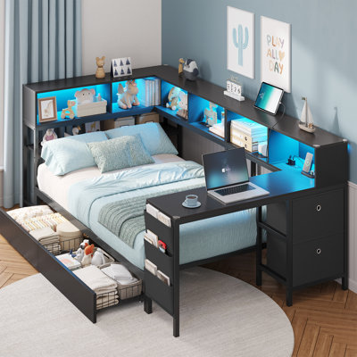 Twin Size Corner Bed With Bookcase Shelves And 2 Large Drawers,twin Daybed With Led Lights And Charging Station,corner Bed Frame With 39.4"l Desk,2 Fabric Drawers & Side Storage Bag ,no Box Spring,black