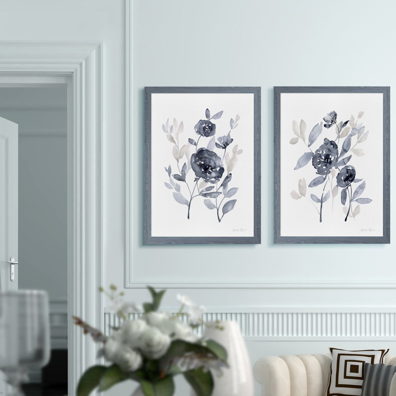 Pivoines en gris - ensemble de 2 reproductions d'art encadrées, H 20 po x l 16 po, Toile encadrée, Gris