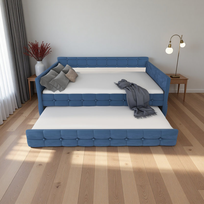 Lit de jour bleu rembourré avec lit gigogne, tissu en velours, sans boîte à ressorts, modèles confortables et simples