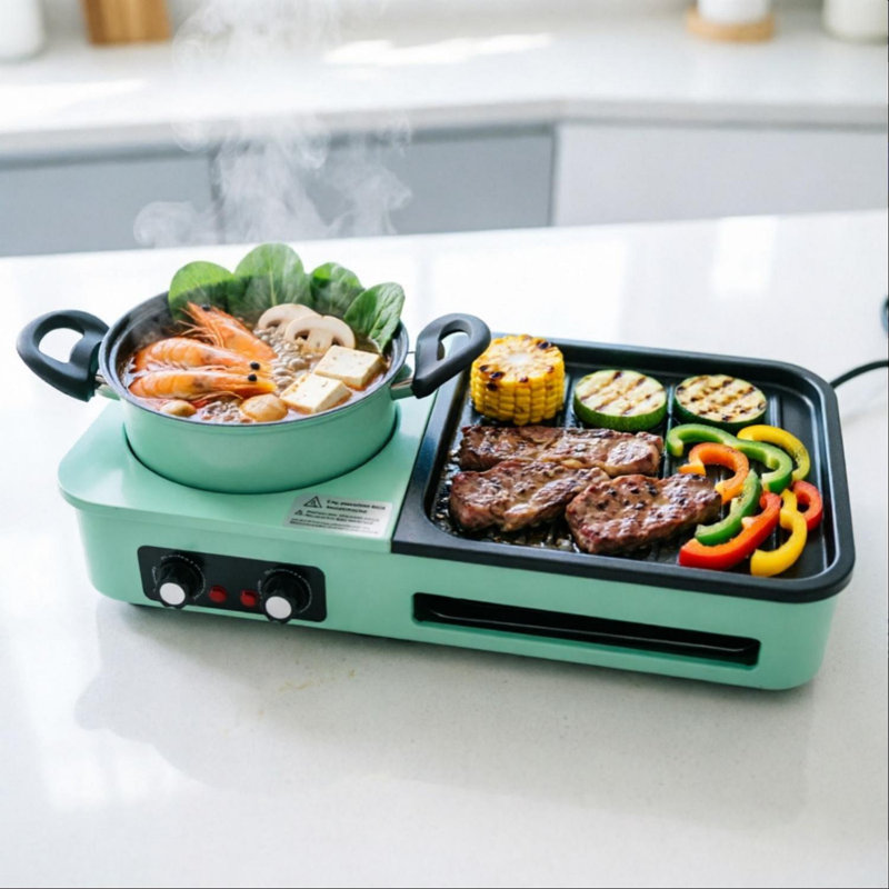 3-in-1 Electric Grill with Hot Pot 1600W Non-Stick Smokeless with Dual Temp Control for 3-5 People Indoor Outdoor Use