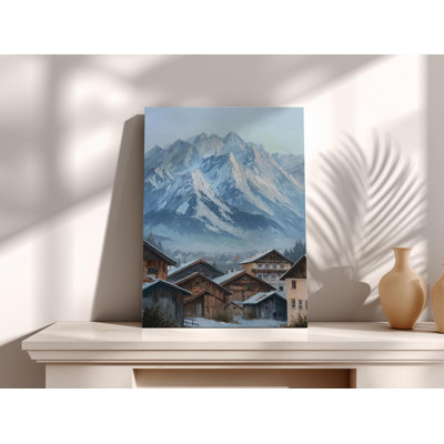 «Snowy Mountain Village», art de paysage alpin Moody, décor de chalet d'hiver, art mural européen rustique pour le salon