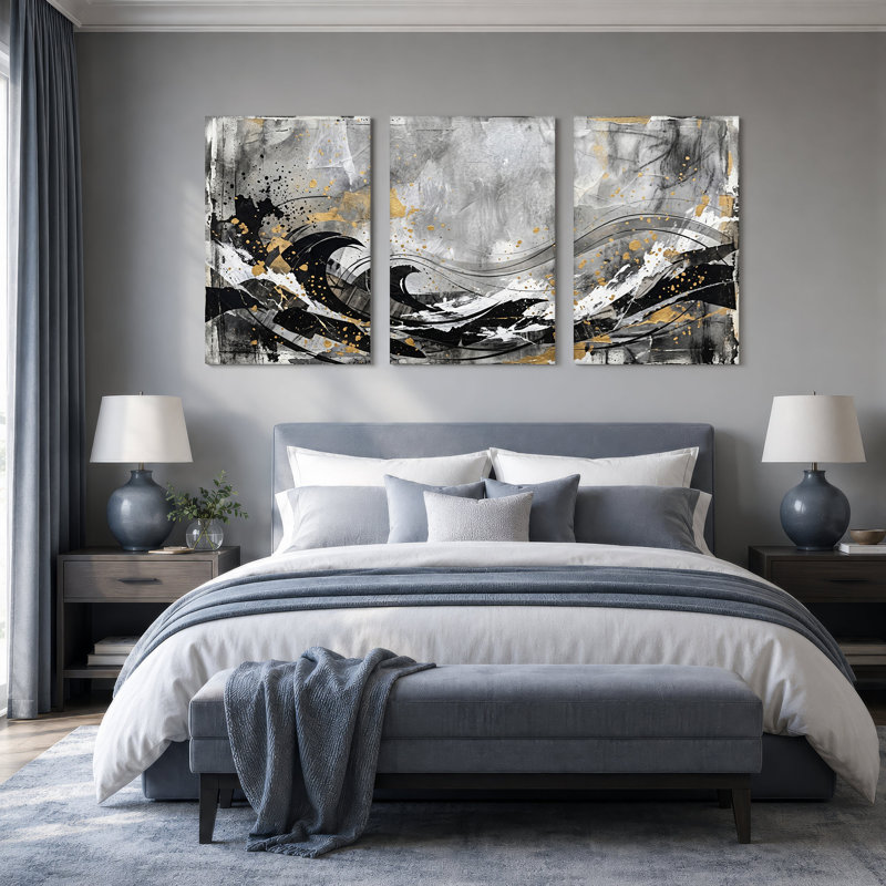 Ensemble de 3 toiles murales noires, blanches et dorées, H 36 po x l 24 po x 3 pièces
