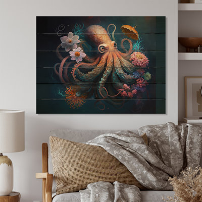 Gianni Octopus dans l'océan avec des fleurs II - impression sans cadre sur bois