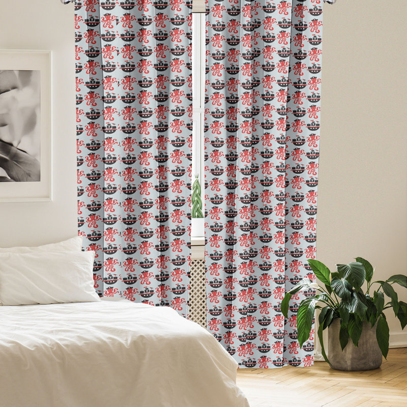 Rideaux Ã  4 panneaux Â« Octopus Ship Â» d'East Urban Home, avec motif de bateau pirate et d'animaux, gris pÃ¢le et vermillon