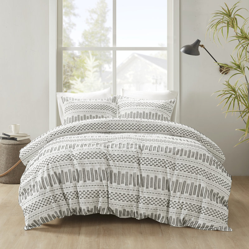 INK+IVY Rhea Cotton Jacquard Duvet Cover Mini Set, Full/Queen Duvet Cover + 2 Standard Shams, Ivory/Charcoal