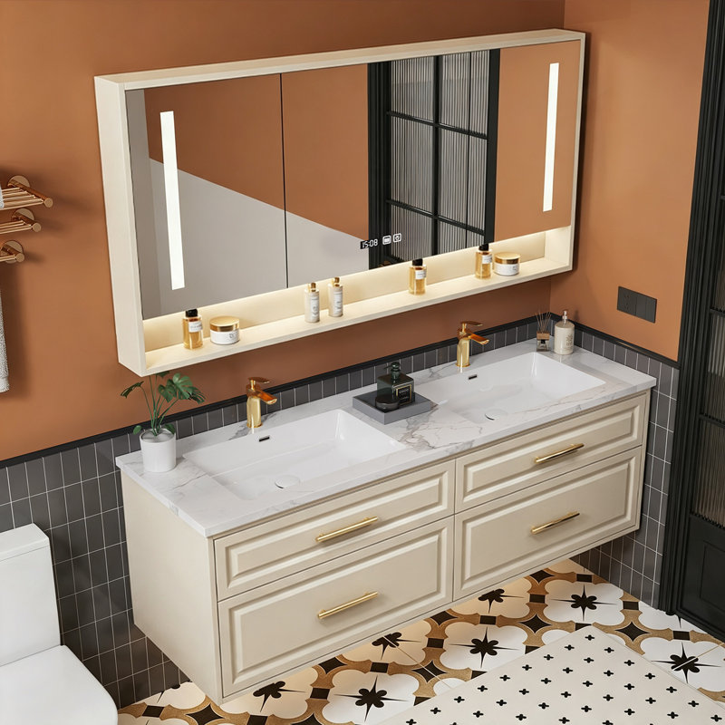 Armoire de salle de bain rétro, H 20,5 po x l 63 po x P 19,7 po, Beige