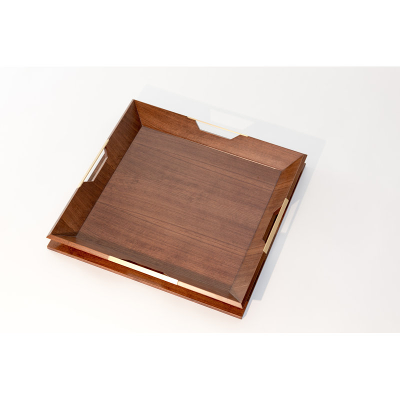 Le Solid Wood Decorative Tray, Walnut, Polished Brass