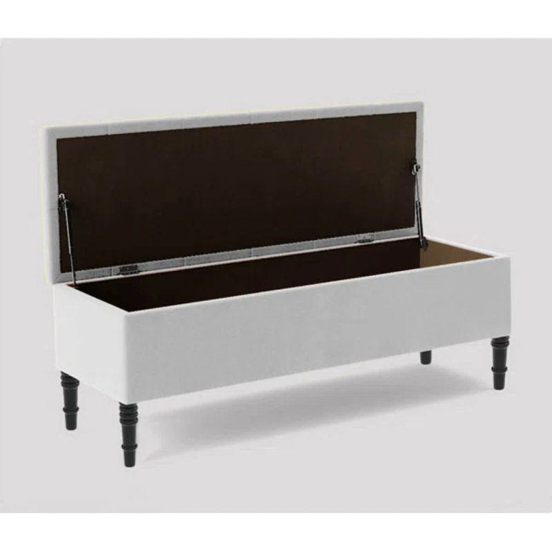 Swiss Chesterfield Ottoman Storage Bench - Upholstered Plush Velvet Shoes Bench with Black Turned Wooden Legs, White Plush