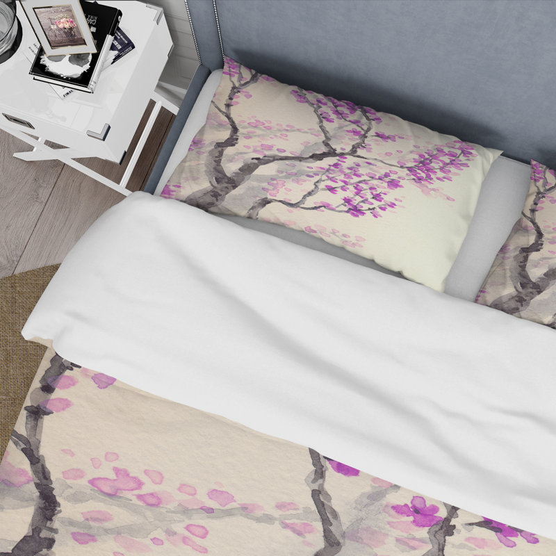 Printemps fleurs mauves sur des branches d'arbre - ensemble de housse de couette traditionnel - microfibre de polyester