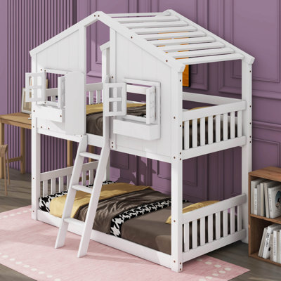 Brayson Twin Over Twin Wood House Bunk Bed With Window And Small Box
