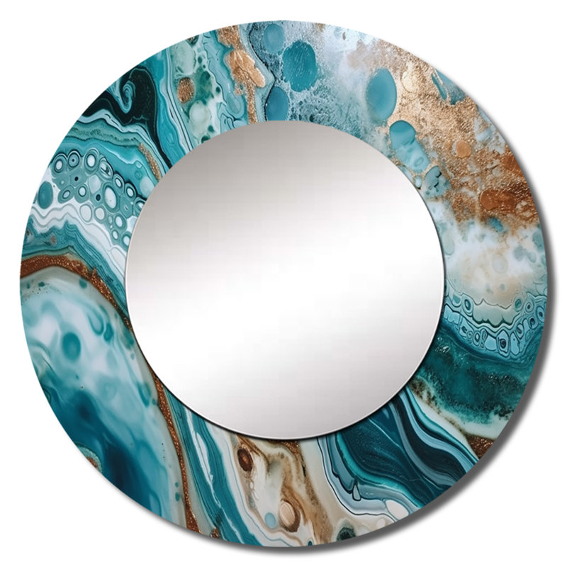 Orlen or bleu demi-cercle marbré abstrait IV - miroir en marbre, miroir mural décoratif moderne, impression d'art en métal