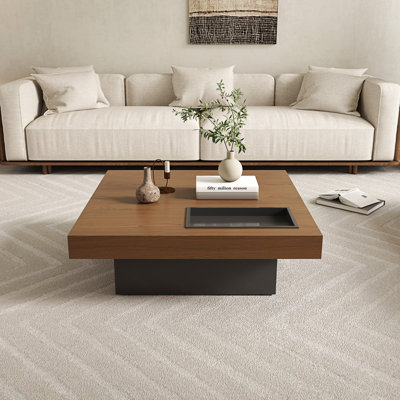 Table basse flottante carrée en noyer de 35,43 pouces avec plateau de rangement encastré et pieds en acier au carbone noir, table basse en bois minimaliste moderne pour le bureau à domicile