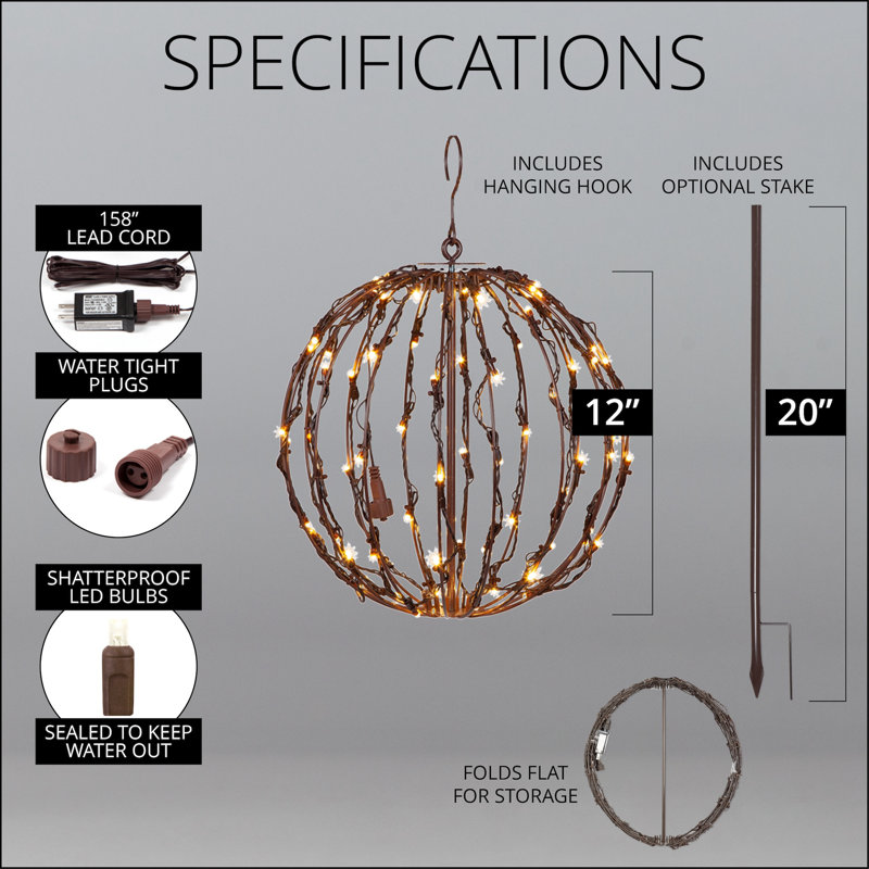 Plug-in Integrated LED Outdoor Hanging Light, 12" H x 12" W x 12"D
