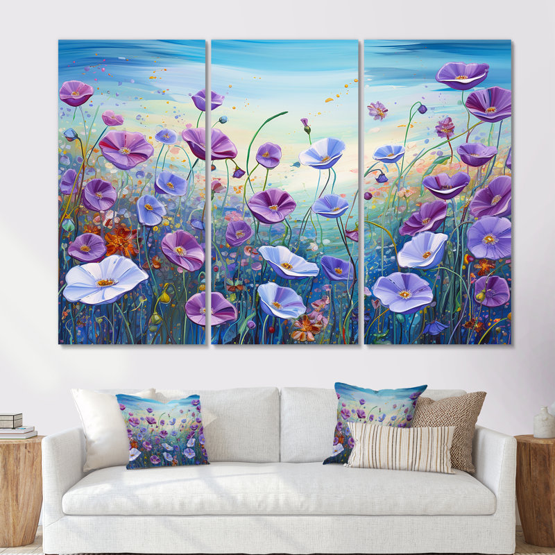 «Purple Morning Glory Flower Field», ensemble d'art sur toile, Toile tendue, H 40 po x l 60 po x P 1 po