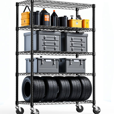 Rayonnage vertical robuste à 5 niveaux pour espaces multiples, noir, P 17,7 po x l 47,2 po x H 75,6 po, tablettes réglables en métal avec roulettes pivotantes Bureau à domicile, garde-manger et cuisine, adaptable
