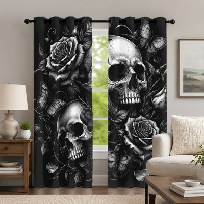 2Pcs Gothic Skull and Rose Pattern Curtains, Black and White Butterfly Floral Print Art Grommet Drapes, Window Treatment for Bedroom Living Room Home Decor