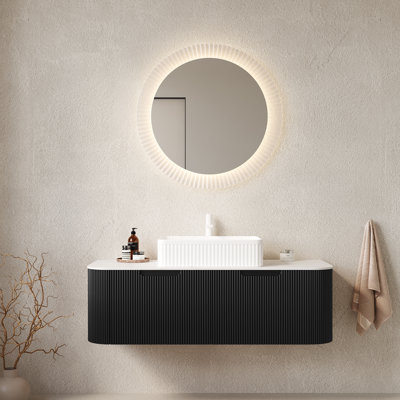 Meuble-lavabo 48 po avec lavabo, meuble-lavabo mural à bords arrondis avec 2 tiroirs, lavabo rectangulaire en céramique blanc, sans robinet, pré-assemblé, couleur noire