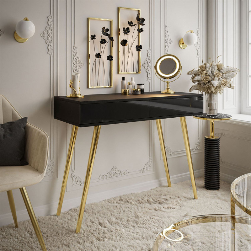 Huntland 100cm Gloss Top Console Table, Gold, Black