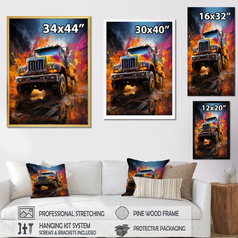 «Expressionist Monster Truck Fury I», reproduction d'art sur toile, Cadre flottant doré, H 40 po x l 30 po x P 1,5 po