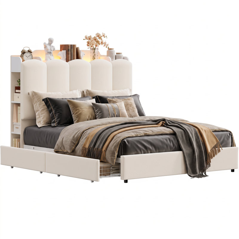 Lit plateforme tapissier moderne avec lumières DEL, ports USB, casiers latéraux et 2 tiroirs sous le lit, cadre de lit avec rangement