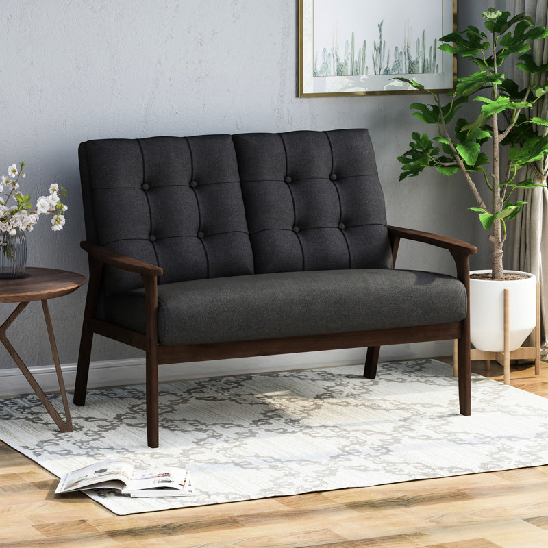 Tissu gris anthracite 2 places, bouton avec surpiqûres gaufrées, pieds en bois d'hévéa de finition noyer pour un style à la maison, capitonnage et environnement de bureau confortable