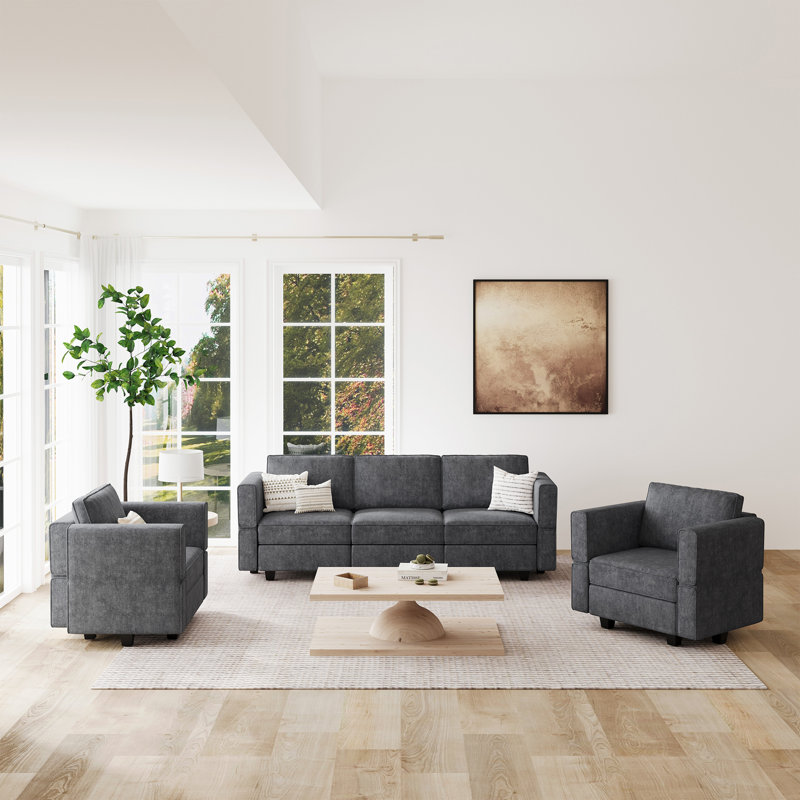 Kimbrel 3-Pieces Polyester Blend Storage Seat Sofa Set Modular Sectional Couch Set For Apartment Livingroom Lounge, 2 Single Armchairs & 3-Seat Sofa Set