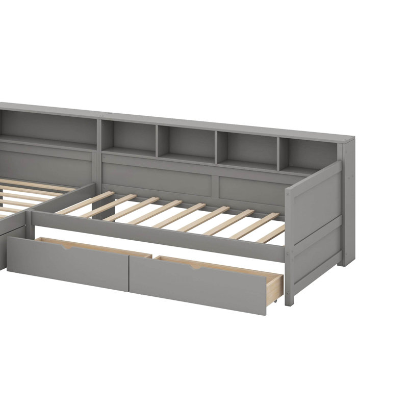 Twin Size Daybed Frame With 3 Large Storage Drawers And Bookshelf, Day Bed For 2, Wooden Corner Bed Frame, Gray