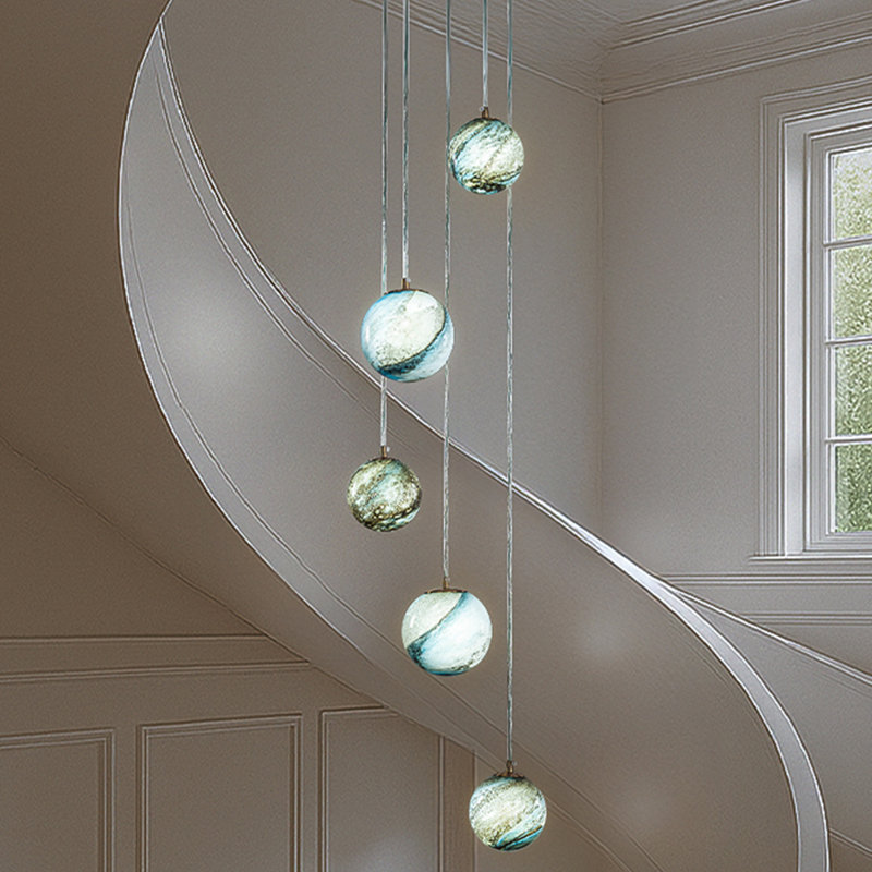 12'' 5-light Modern Glazed Glass Globe Staircase Chandelier Coastal Handcrafted Glass Pendant In Matte Black For Foyer Entryway
