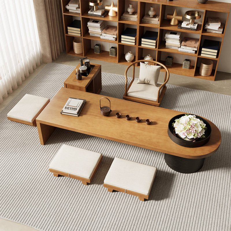 70.87" Burlywood + Black Solid Wood + Iron Half-circle Coffee Table, H 13,78 po x L 55,12 po x l 23,62 po