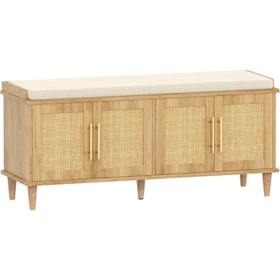 Rattan Shoe Storage Bench with Cushion, 2-Tier Cabinet, Adjustable Shelves, 4 Doors and Solid Wood Legs