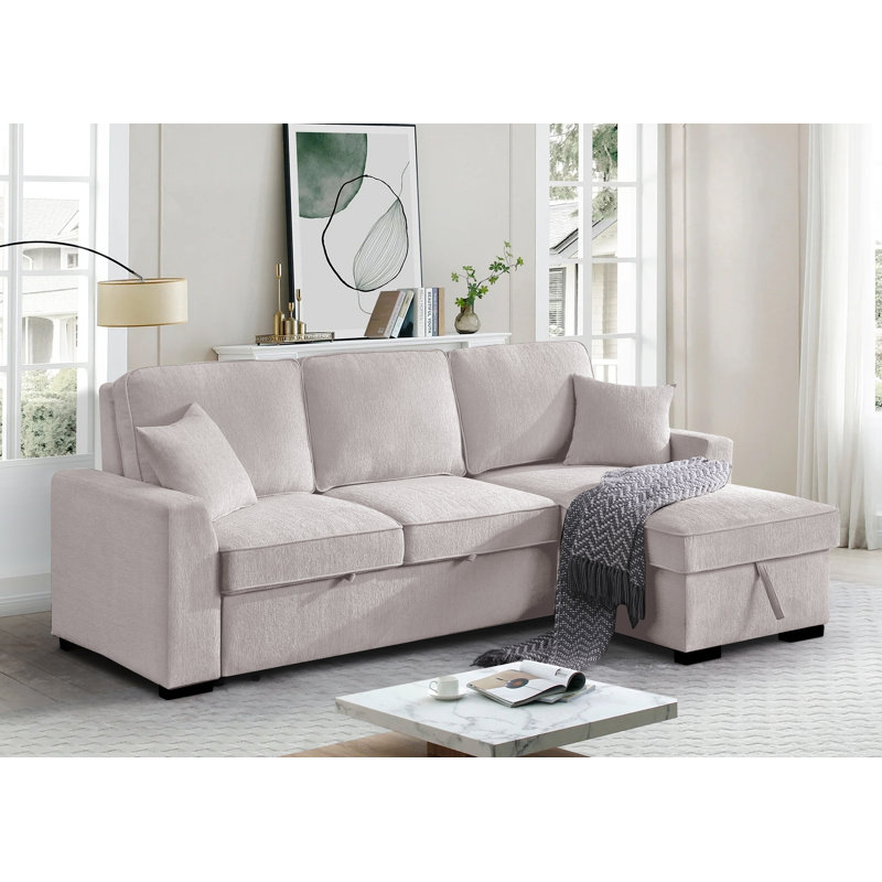  90.5 inch Modern L-Shape Multifunctional Storage Corner Sofa Bed, Beige Chenille, Without Bookshelf