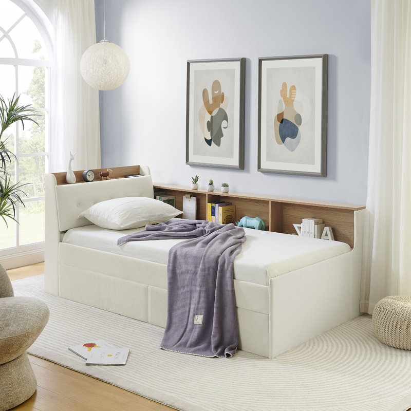 Twin Size Upholstered Velvet Daybed Sofa Bed with Storage Headboard, 2 Drawers, LED & Wireless Charging, Beige, Beige
