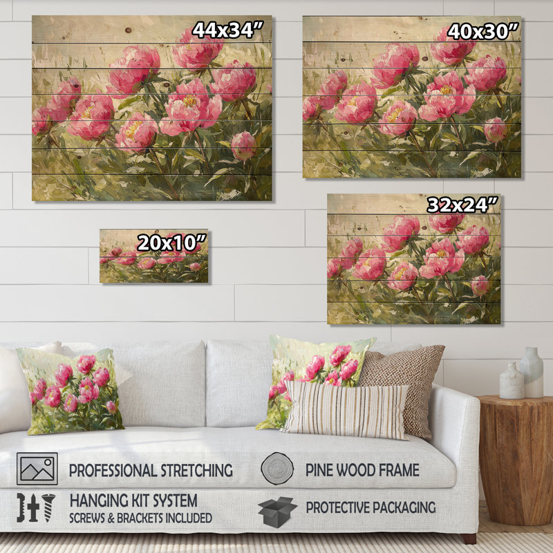 Pivoines par le champ de printemps II - Art mural en bois de pivoines - sur bois de pin naturel, H 10 po x l 20 po